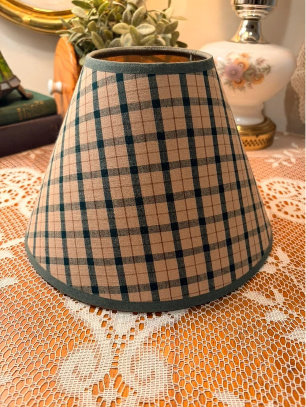 Vintage Plaid Fabric Lamp Shade Beige Green 10” Spider Fitter Country Decor